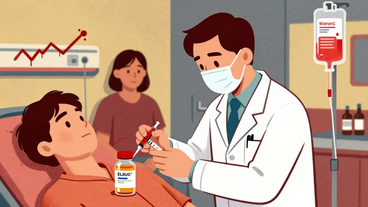 Emergency room scene with a doctor giving a reversal agent to a DOAC patient, while a Warfarin patient waits nearby.