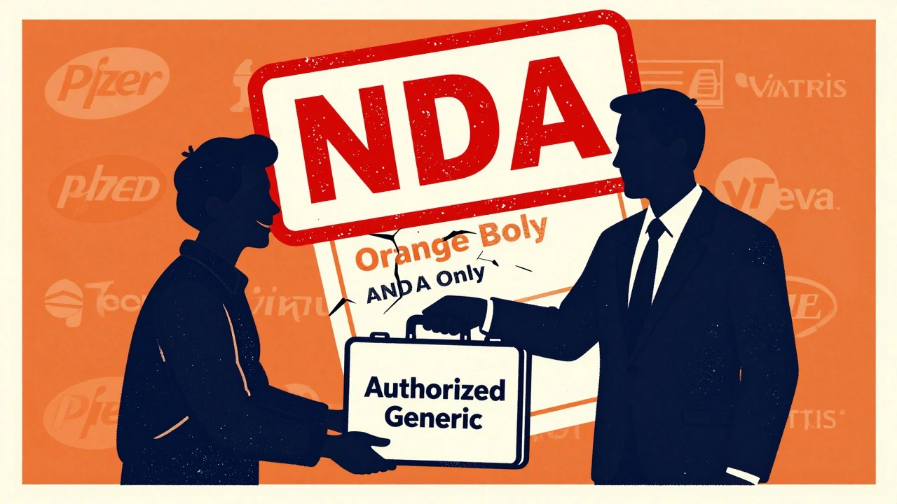 Executive hands authorized generic to patient while NDA stamp overshadows Orange Book.