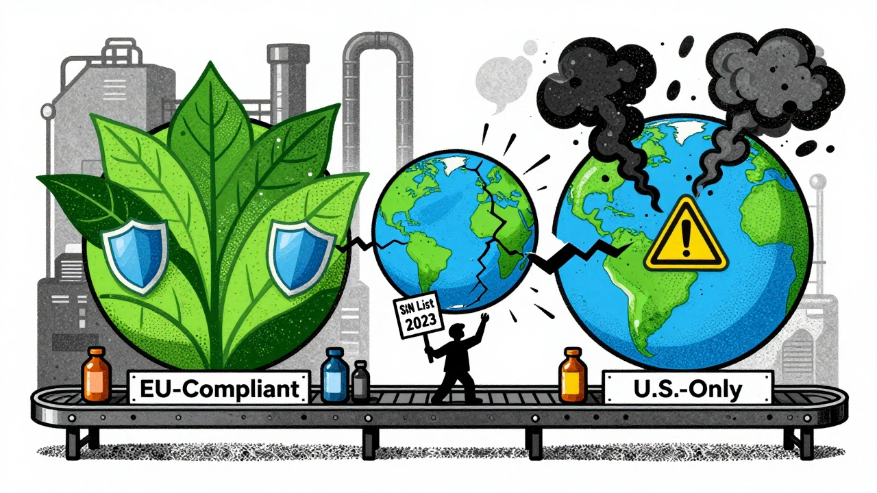 Factory conveyor splitting into compliant and non-compliant products with environmental symbols.