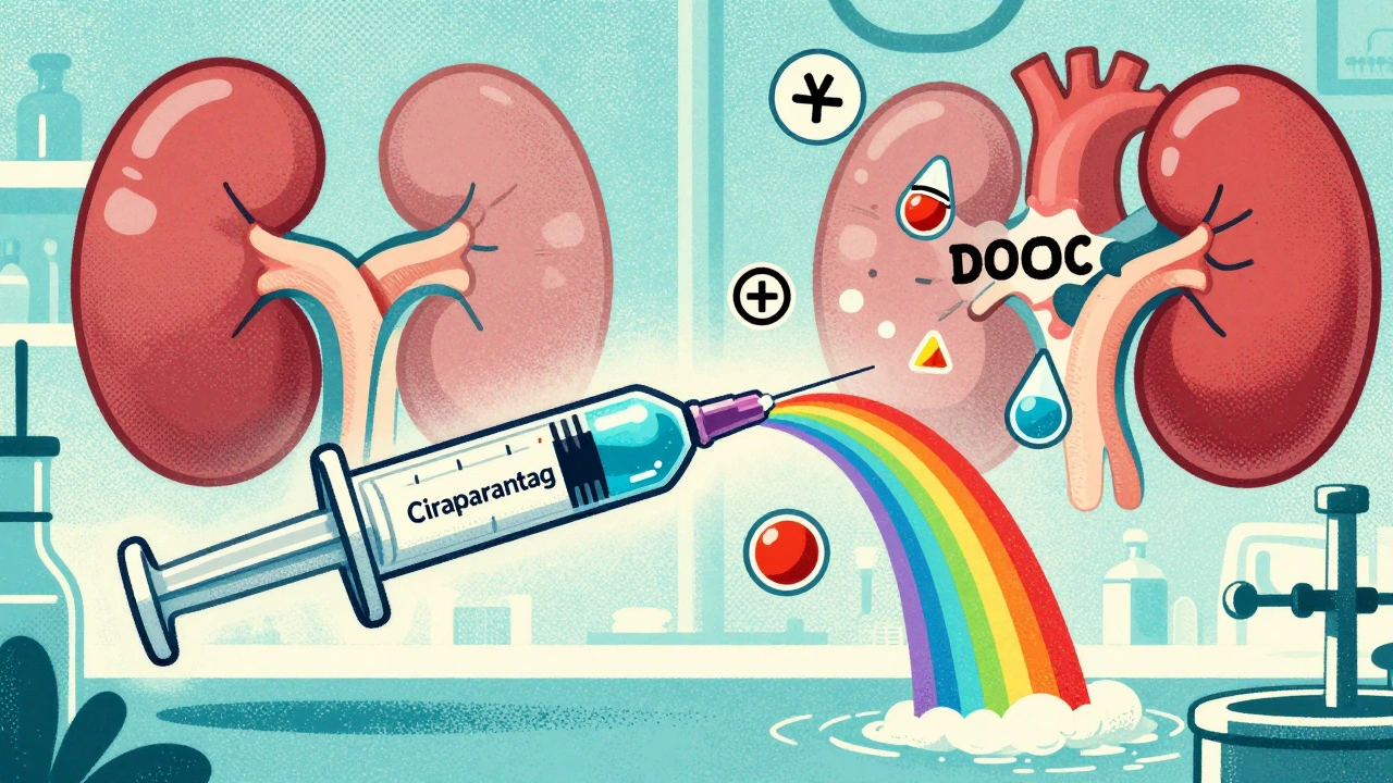 Futuristic syringe neutralizing anticoagulant symbols in a lab, with abstract heart and kidney shapes in screenprint style.