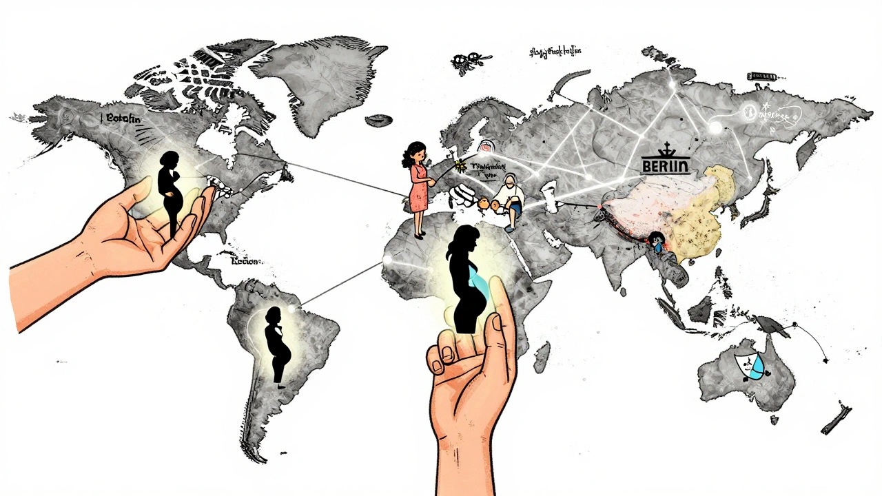 Global network of hands connected by glowing pregnancy data nodes, representing international research collaboration.