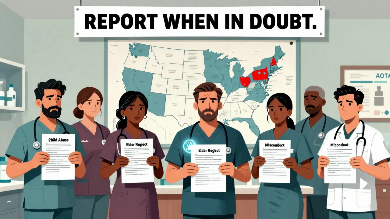 Healthcare workers holding different report forms while a U.S. map behind them shows state reporting rules as puzzle pieces.
