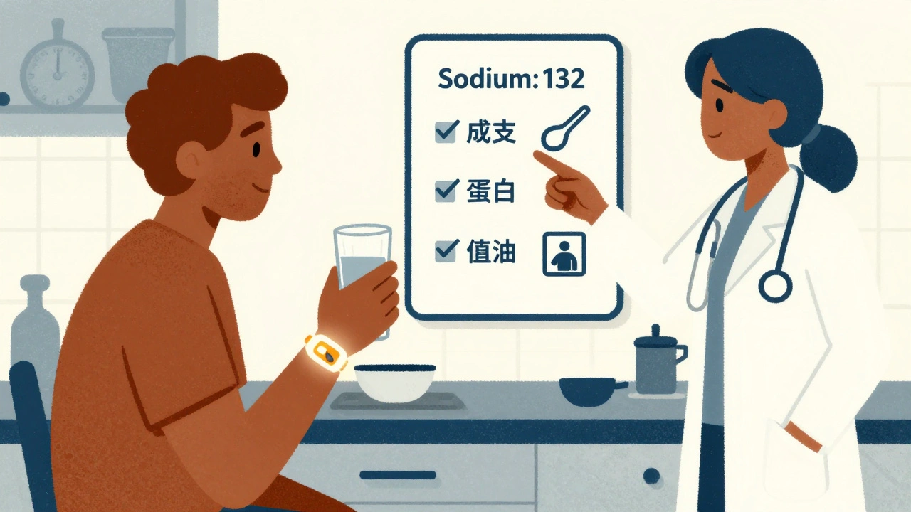 Patient with wearable patch and dietitian reviewing balanced fluid and sodium intake.