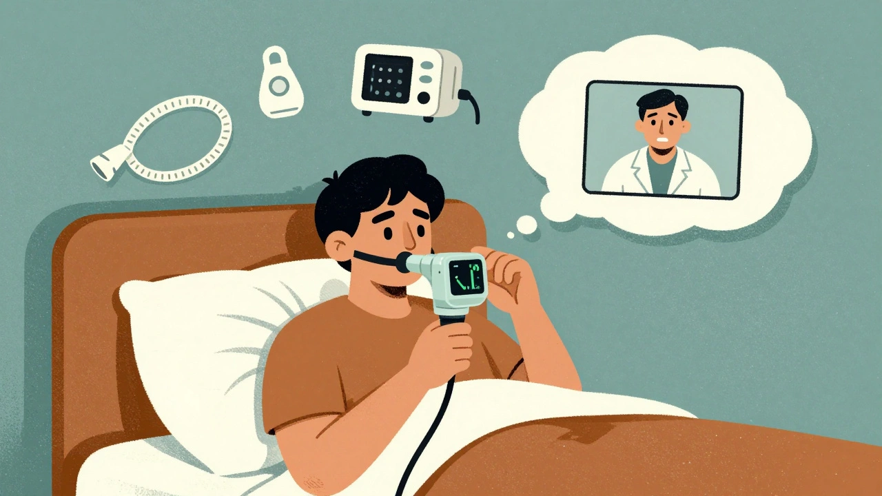 Person reviewing CPAP leak data with sleep specialist on video call, solutions floating around