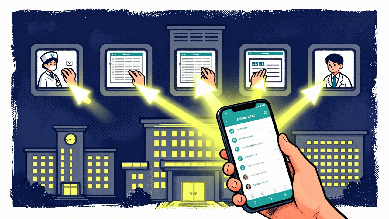 Person updating allergy details on a phone, with digital connections linking to multiple healthcare providers.