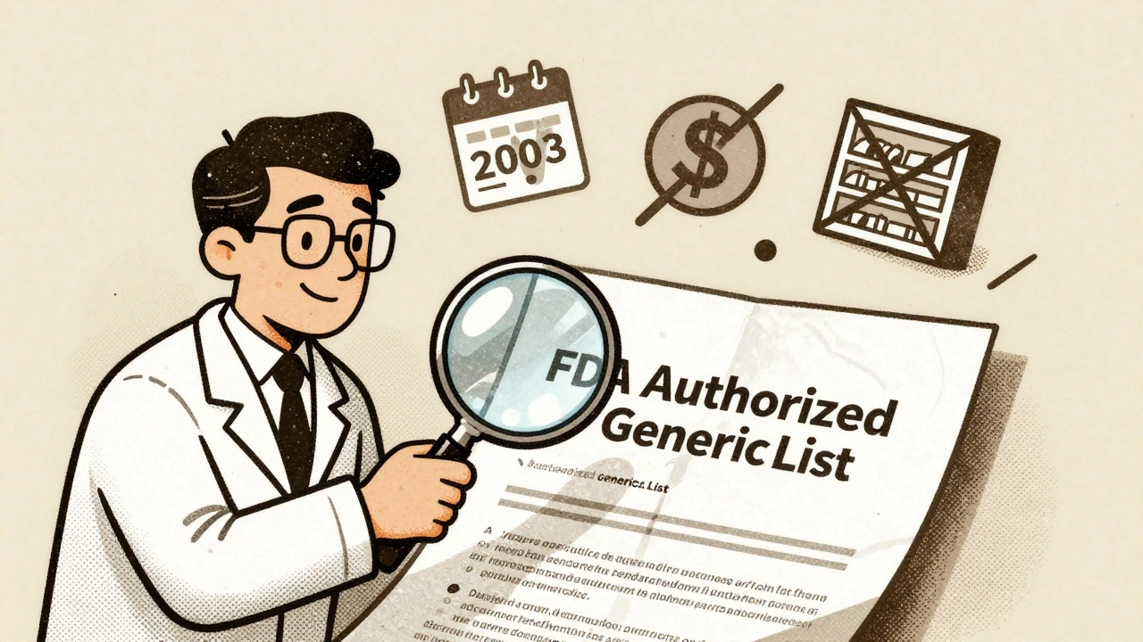 Pharmacist examining FDA authorized generics list with symbolic icons floating above.