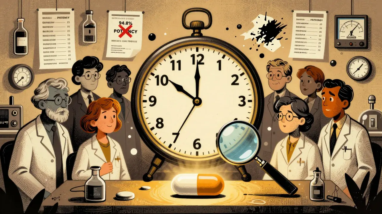 Scientists monitoring a 36-month stability clock with failing test results and one perfect pill glowing on a desk.