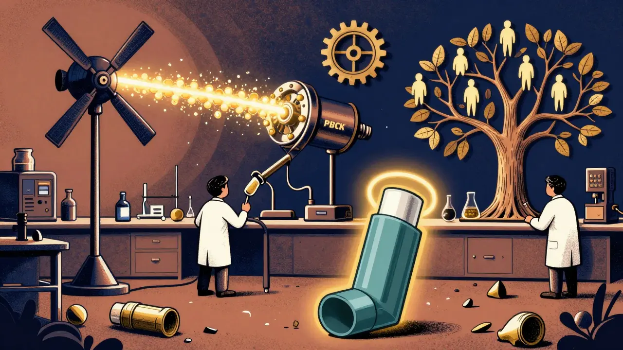 Scientists using oversized lab tools to analyze drug delivery, with one successful generic glowing triumphantly.