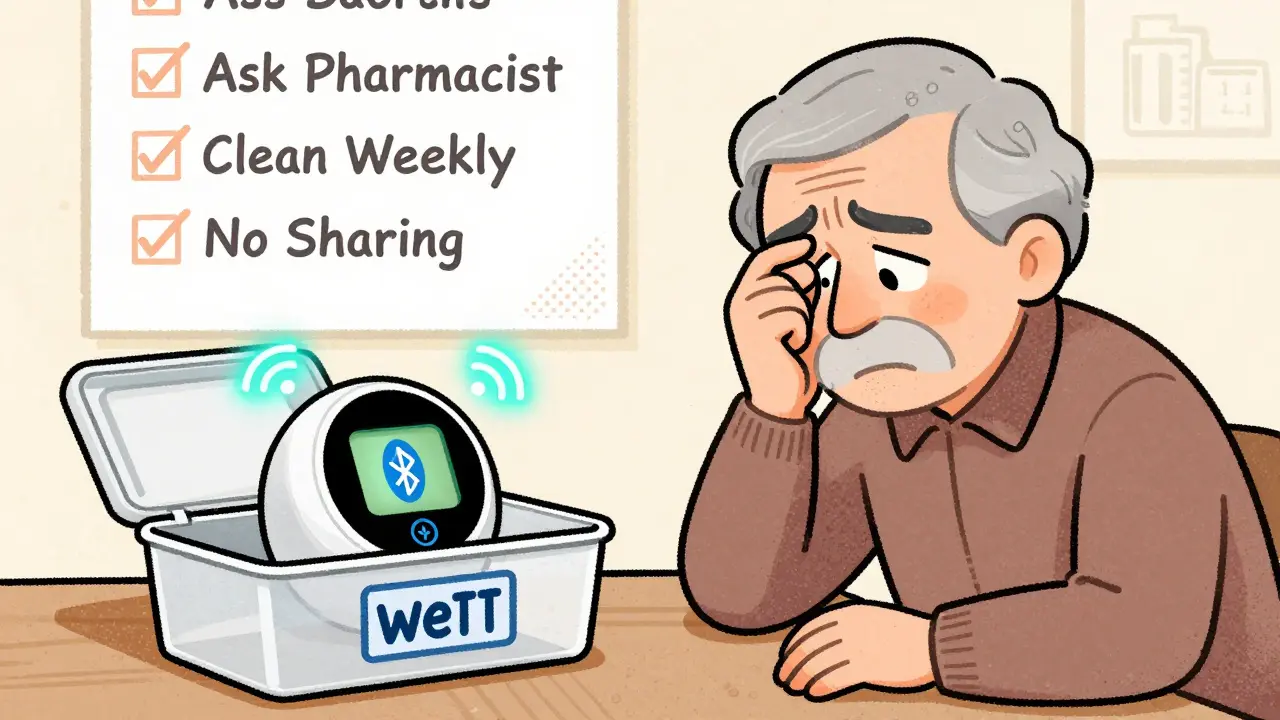 Smart pill dispenser with confused user beside simple labeled organizer, safety checklist on wall