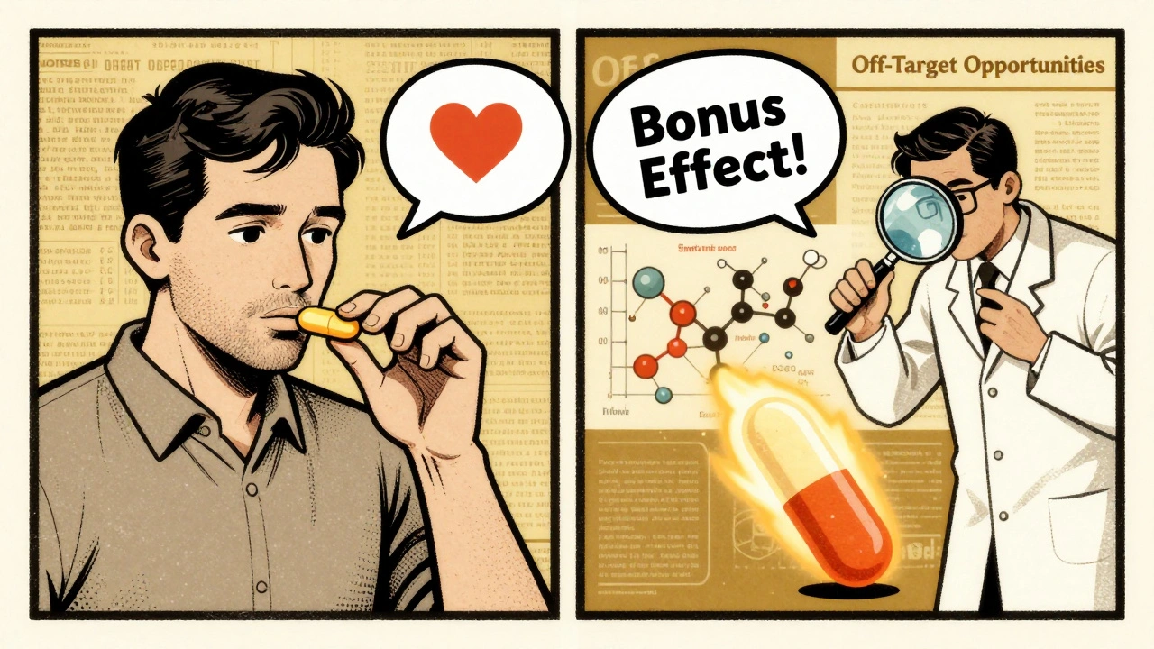 Split illustration: a pill meant for heart health unexpectedly causes an erection, highlighting a beneficial off-target effect.