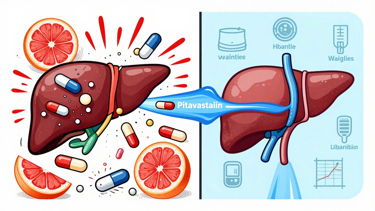 Split illustration: chaotic statin interactions versus pitavastatin's smooth metabolic pathway.