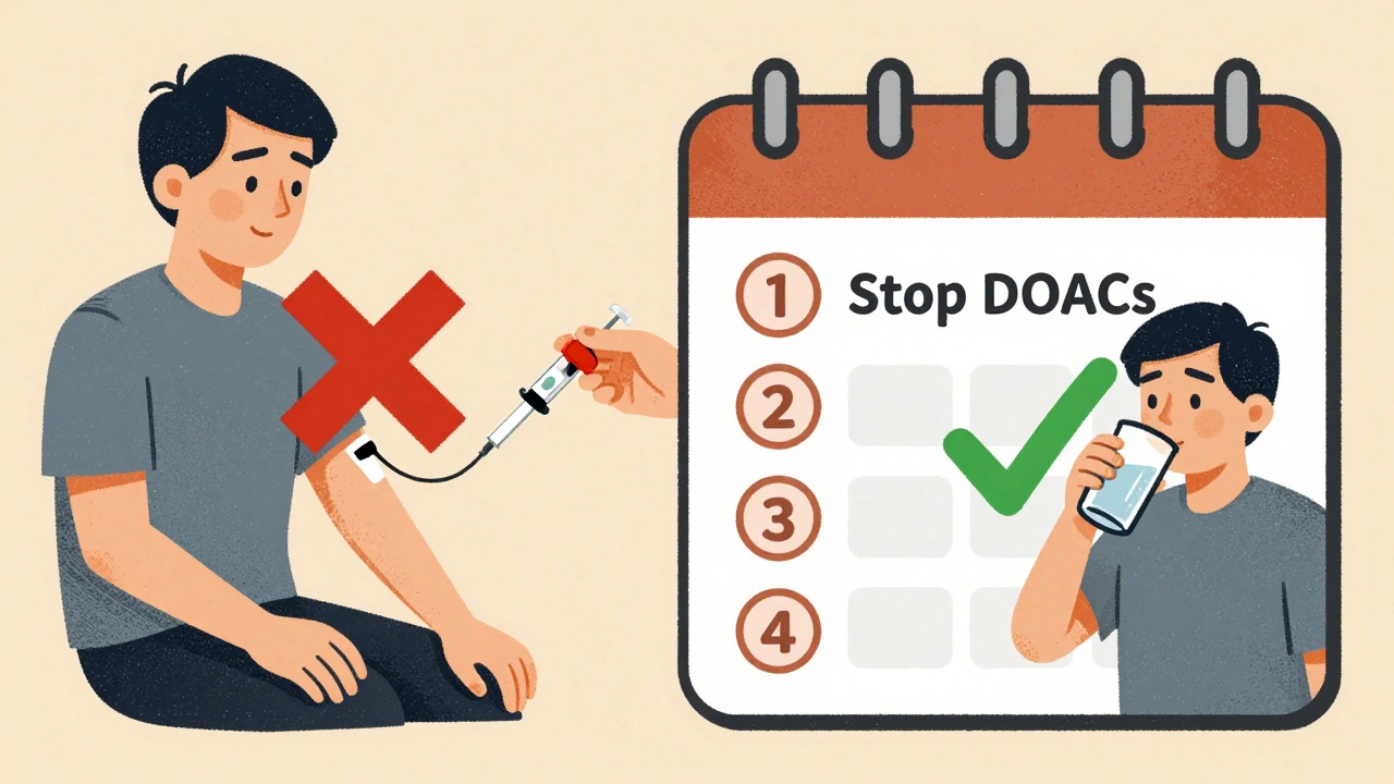 Split medical scene showing heparin injection crossed out and a calendar marking DOAC stop days with a post-op checkmark.