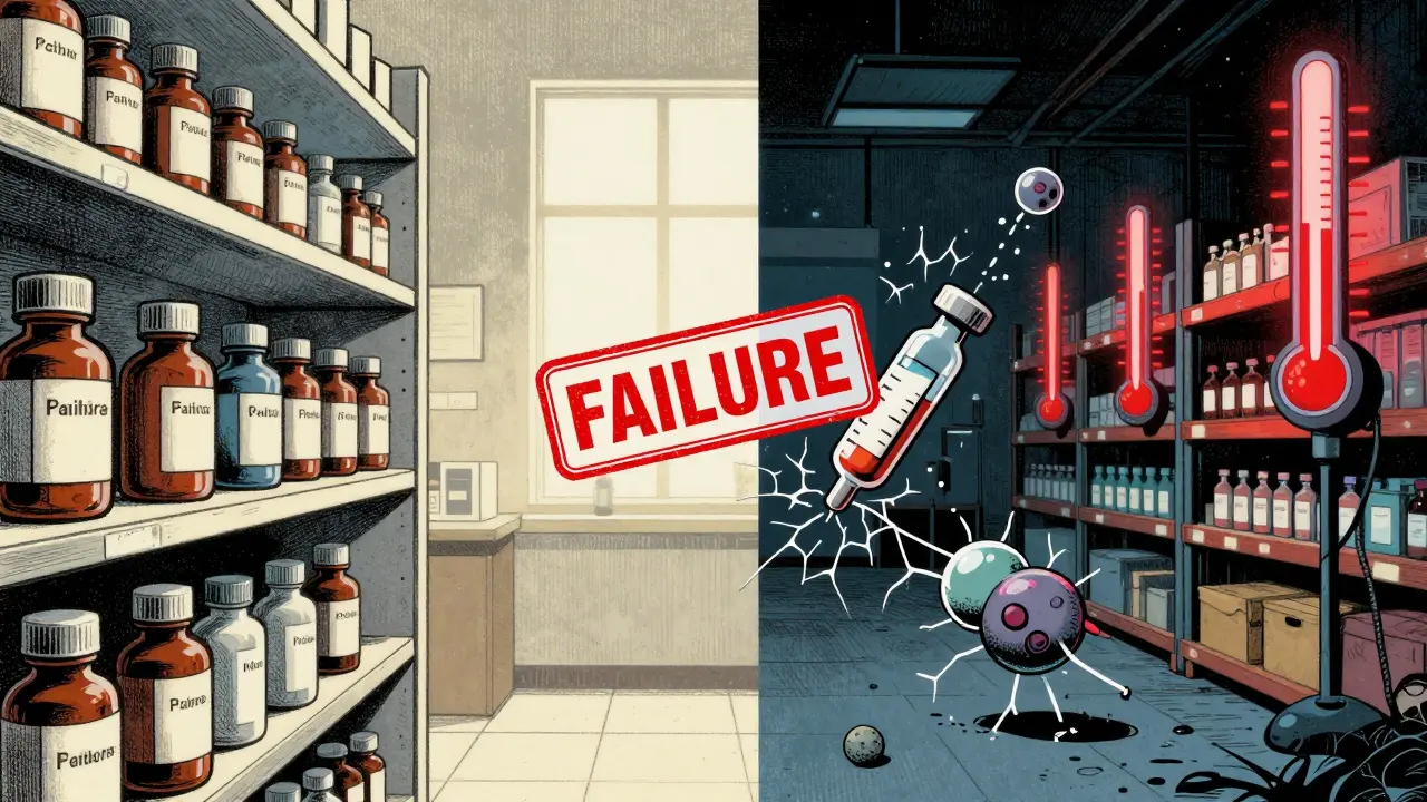 Split scene: peaceful pharmacy shelf versus chaotic warehouse with frozen insulin and degrading biologic vials.