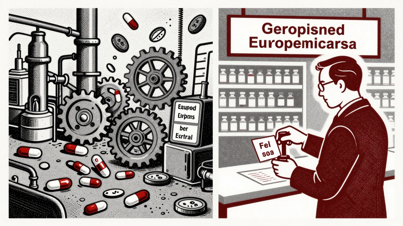 Split scene: U.S. generic drug factory with multiple manufacturers versus European pharmacy with single manufacturer and fixed price.