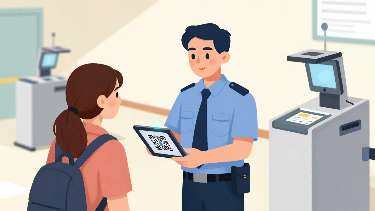 TSA supervisor assisting traveler in dedicated medical screening lane