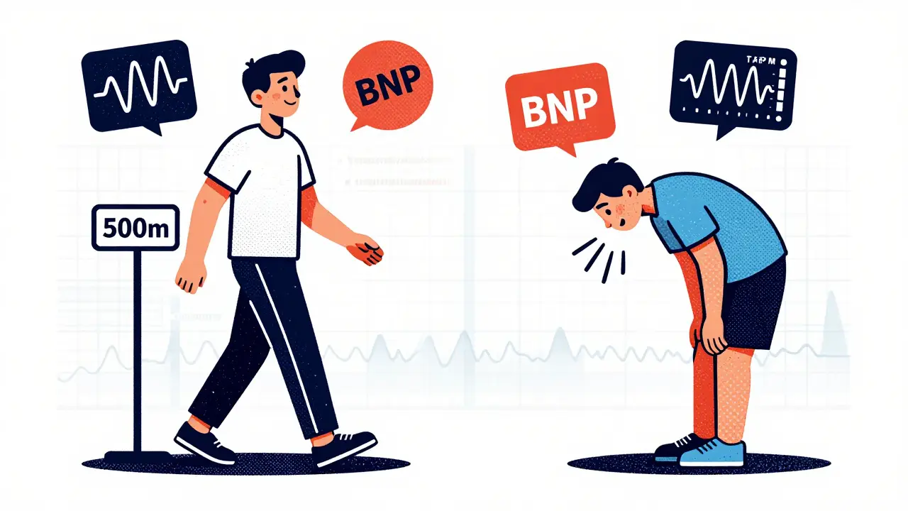 Two patients compared by walking distance, surrounded by medical diagnostic icons in vintage poster style.