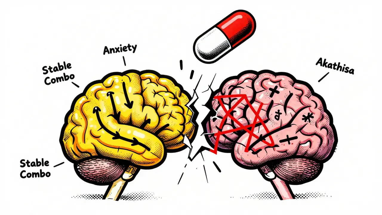 A brain split between stable and fractured states, with a generic pill cracking the stable side, rendered in bold screenprint style.