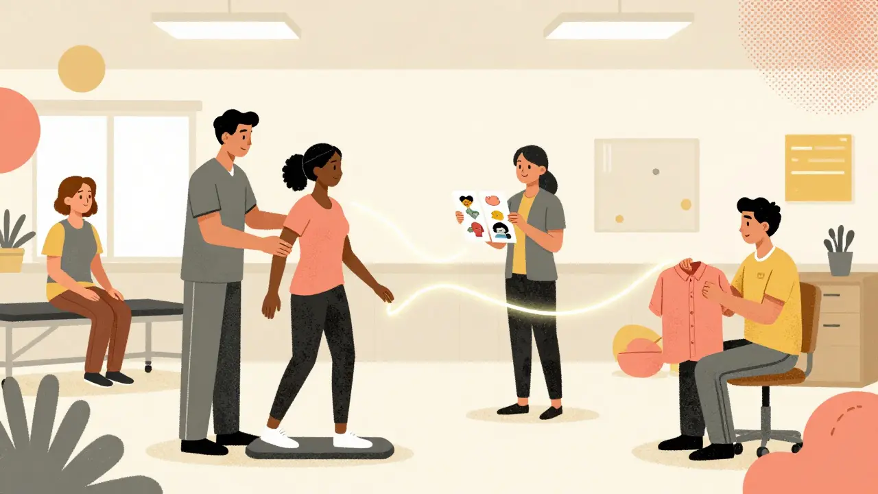 A diverse rehab team working together in a bright clinic, connected by light trails, in screenprint illustration style.