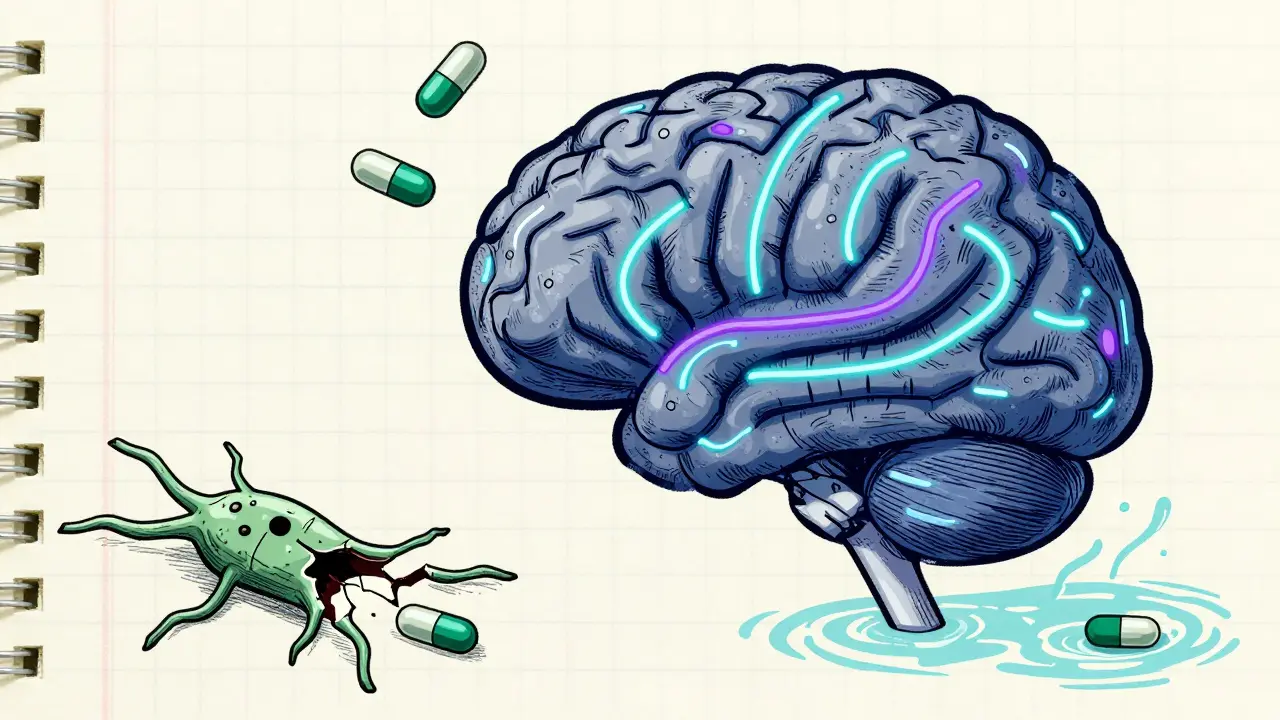 A futuristic brain with serotonin-based treatment pathways glowing safely, avoiding dopamine pathways entirely.