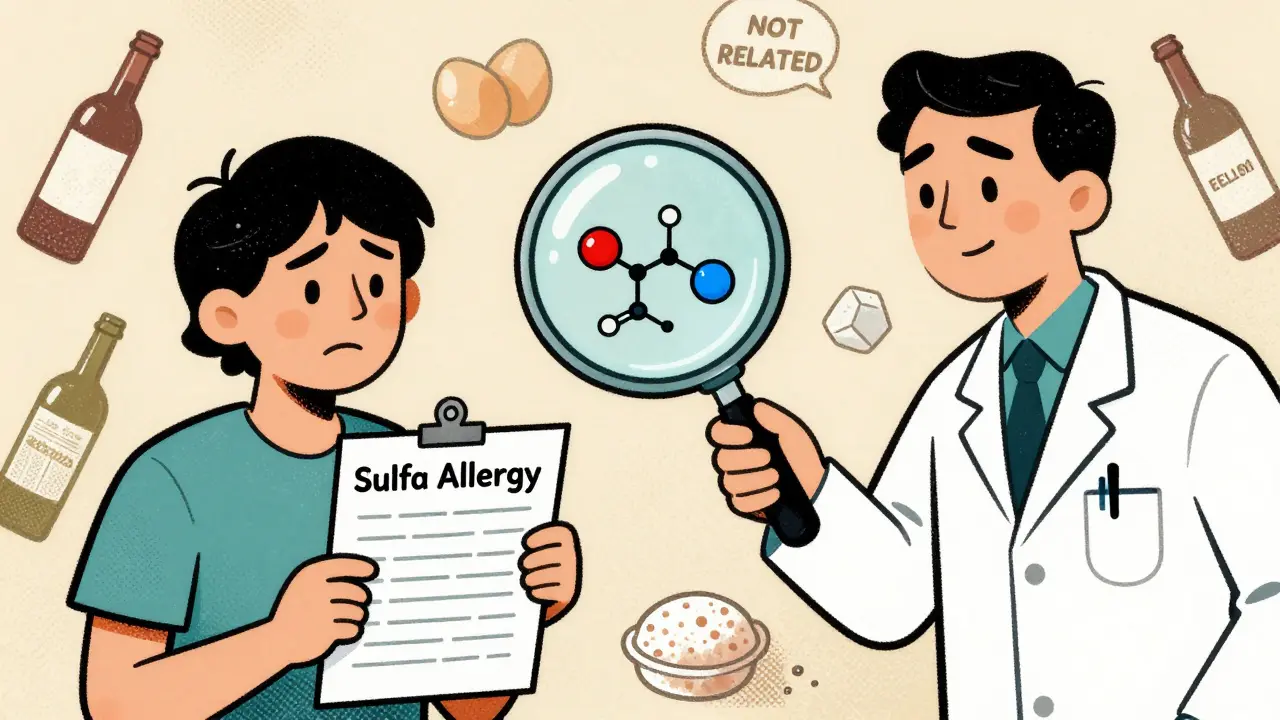 A magnifying glass reveals chemical differences between sulfa drugs, with unrelated items like wine and eggs nearby.