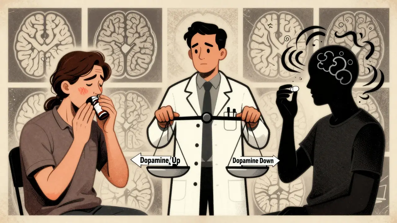 A neurologist balancing two patients—one with Parkinson’s tremors, one with hallucinations—while opposing drug effects clash above them.