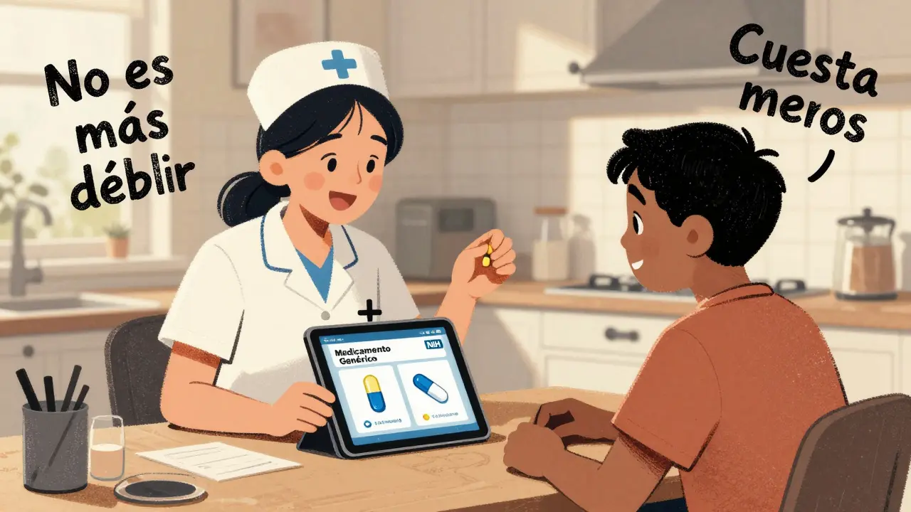 A nurse and patient view a tablet showing side-by-side images of brand and generic pills at a kitchen table.