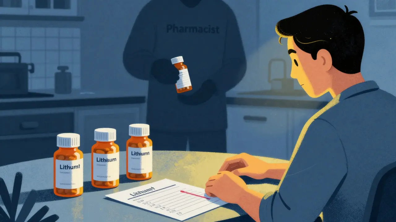 A patient at a table with pill bottles and a blood test showing dropping lithium levels, shadowed by a pharmacist handing over a new bottle.