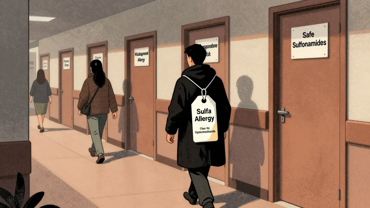 A patient removes a heavy 'sulfa allergy' label in a hospital hallway, revealing a safer medication tag underneath.