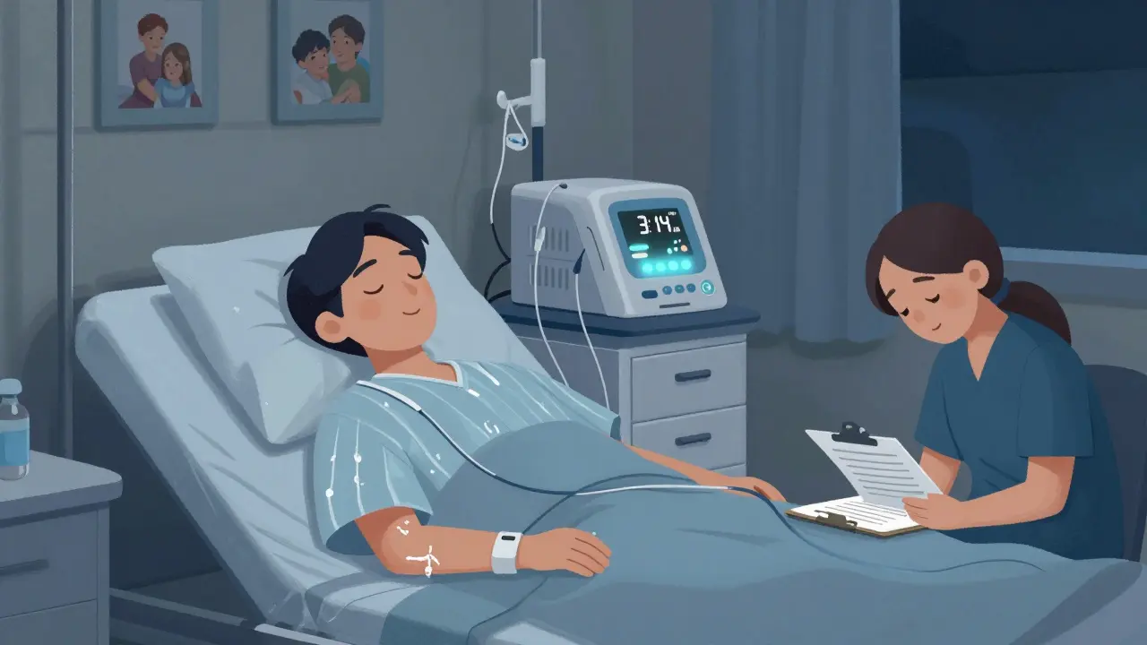 A patient sleeping peacefully while a quiet dialysis machine operates beside the bed, with a care partner resting nearby.