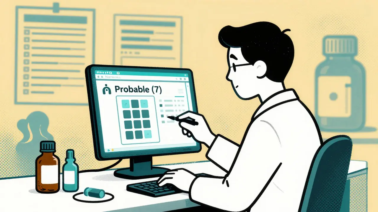 A pharmacist using a digital Naranjo Scale calculator, with patient charts and meds in the background.