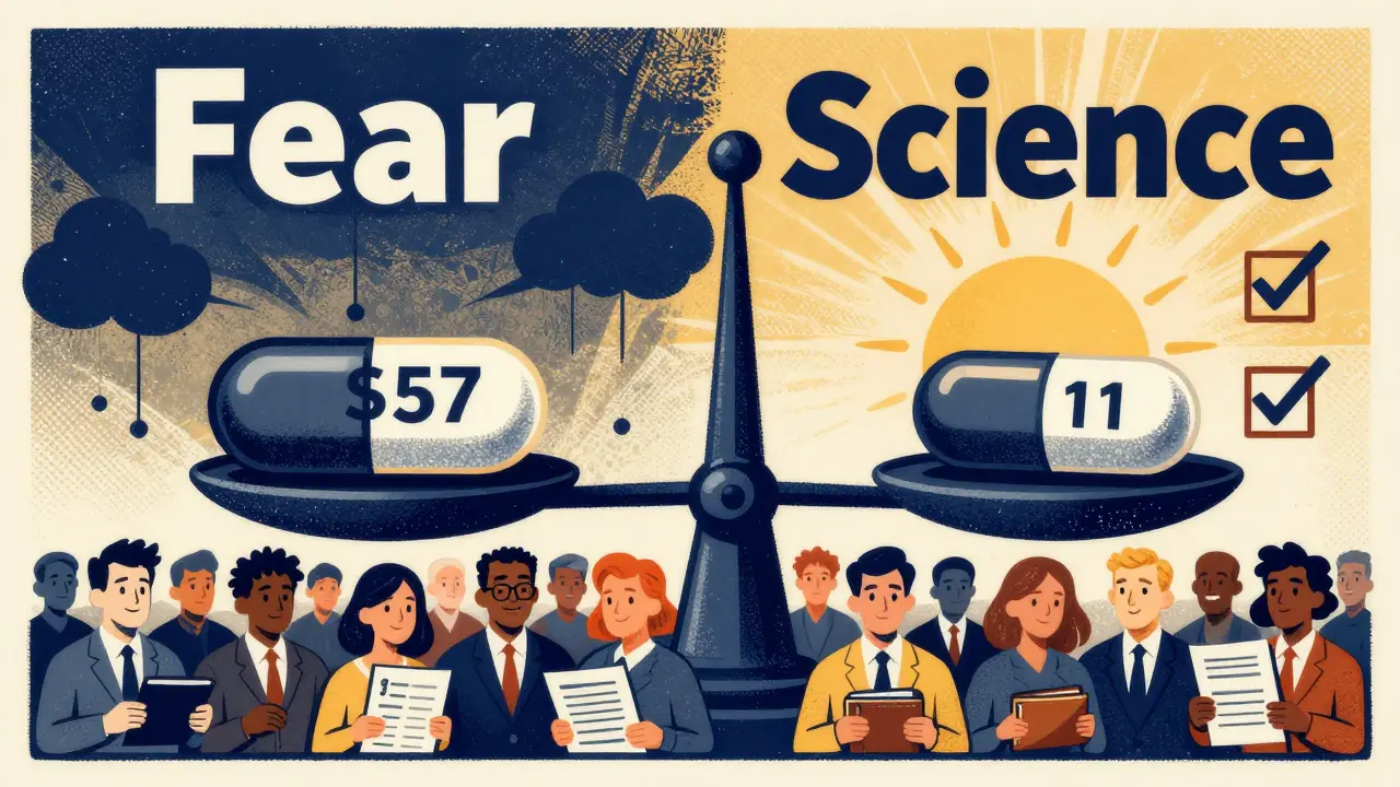A scale balancing expensive brand-name pill against cheap generic, with diverse people below under contrasting symbols of fear and science.