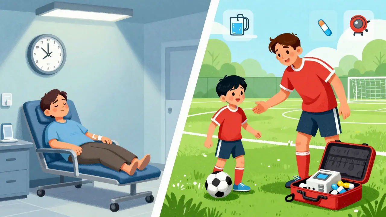 A split image contrasting clinic dialysis with a patient coaching soccer, showing life freedom through home treatment.