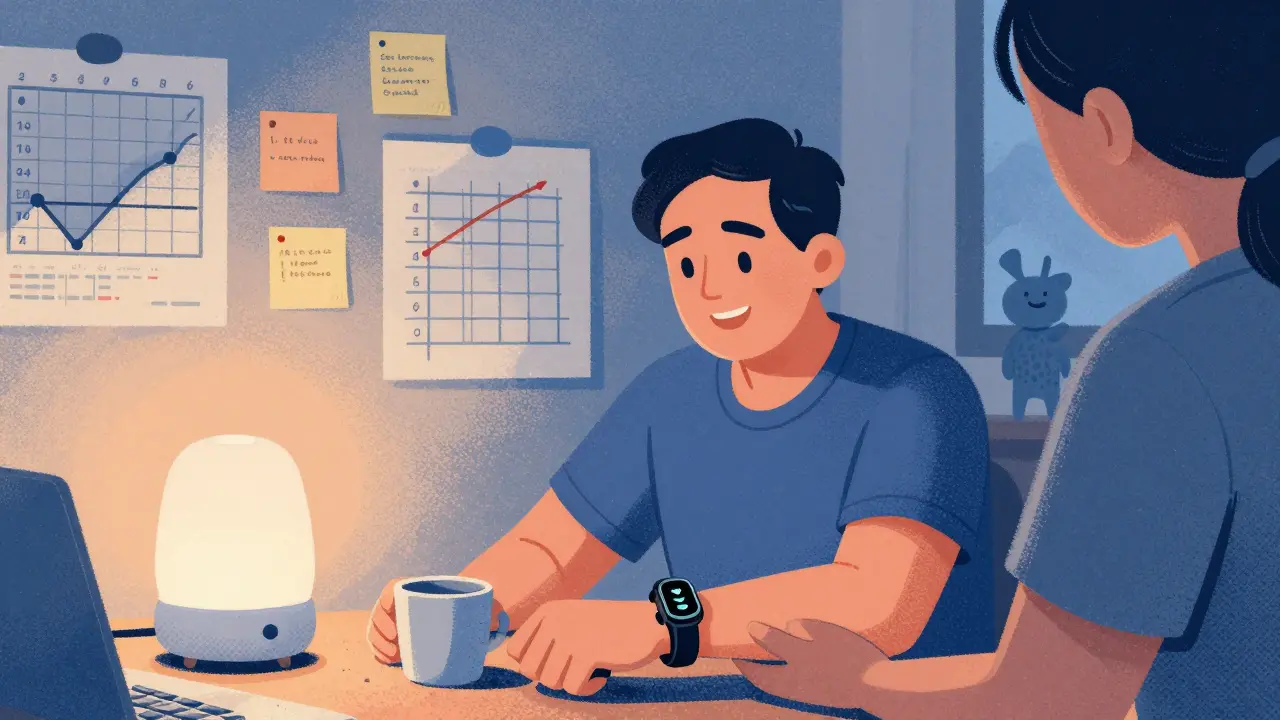 A stroke survivor using tech at home with family support, achieving a small daily goal in screenprint aesthetic.