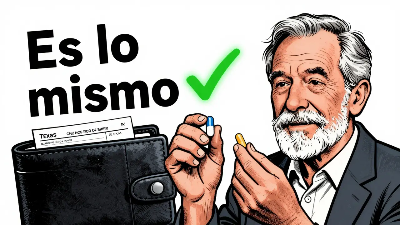 An elderly man holds a generic pill next to a brand-name capsule, with a Spanish medication list in his wallet.