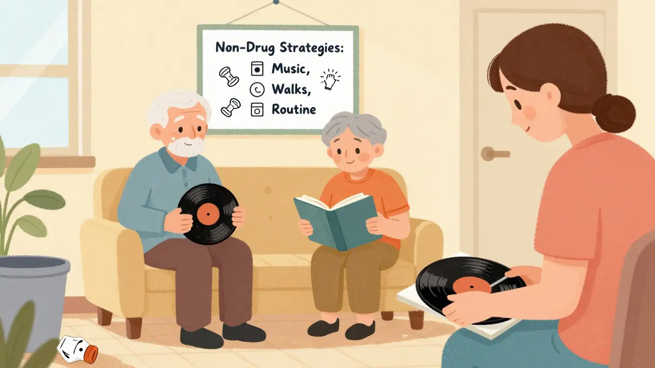 Calm memory care room with caregiver playing music, discarded antipsychotic prescription in trash.