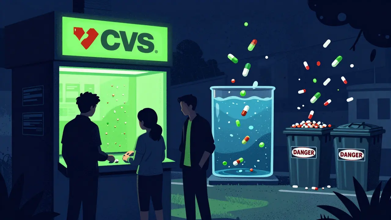 Community drug disposal kiosk at night with people dropping pills safely.