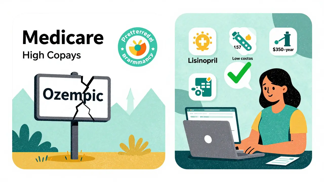 Comparison of two Medicare drug plans with cost differences for insulin and Ozempic, preferred pharmacy highlighted.
