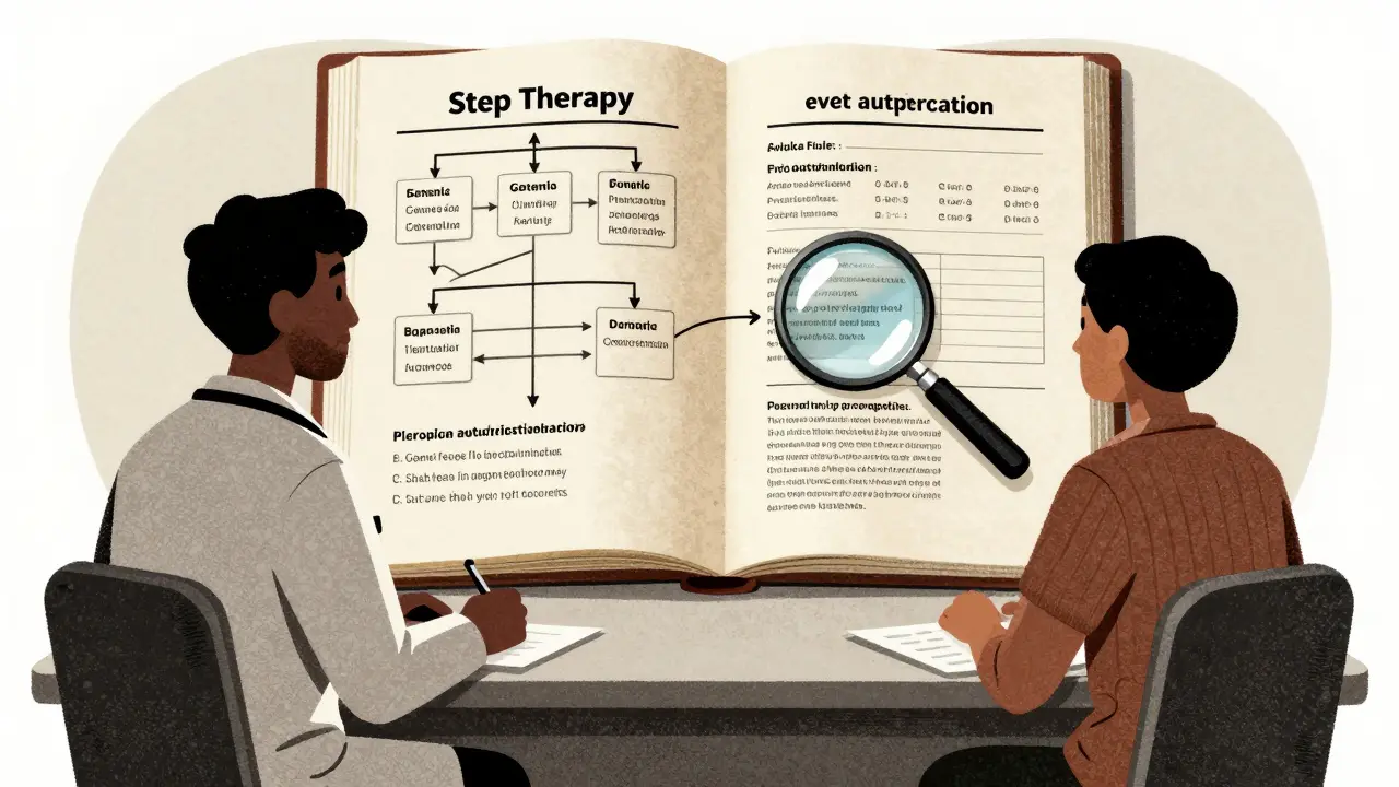 Doctor and patient reviewing a formulary book with step therapy flowchart