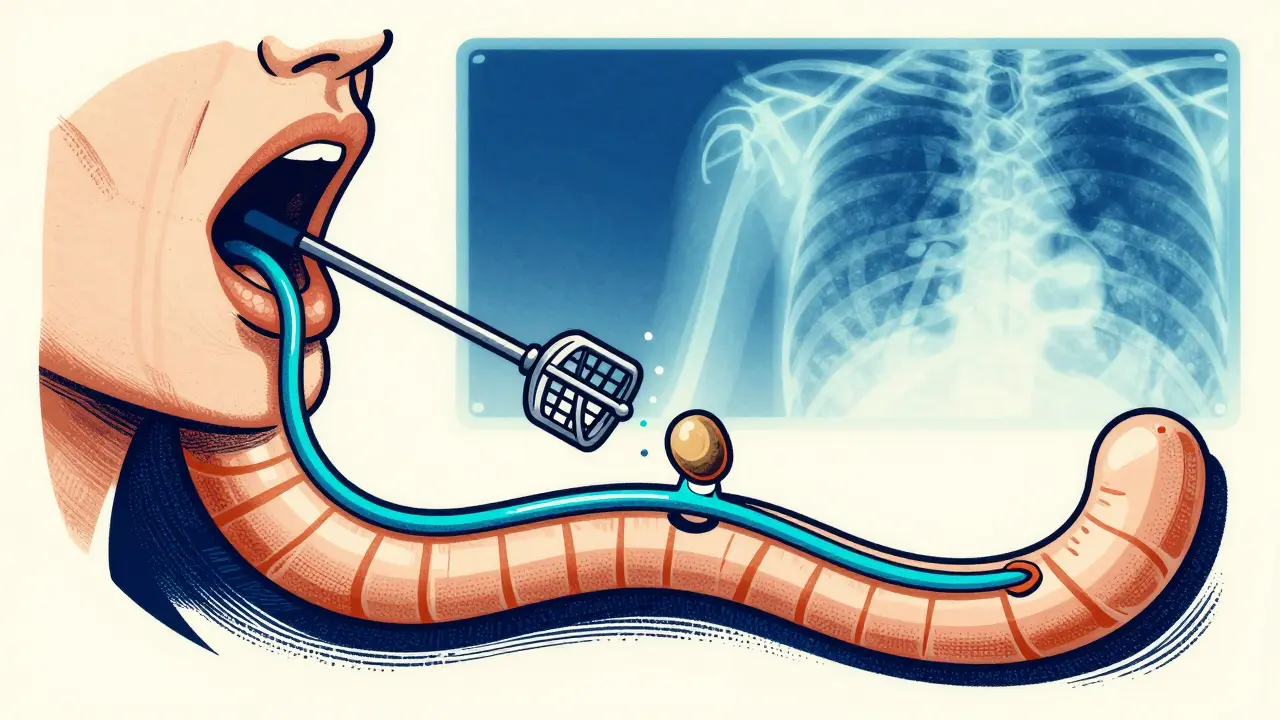 ERCP procedure showing endoscope extracting a bile duct stone with dye flow and X-ray outlines.