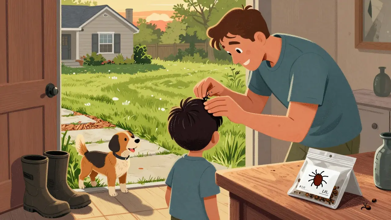 Family checking for ticks after outdoor activity, with tick saved in a labeled bag on the counter.