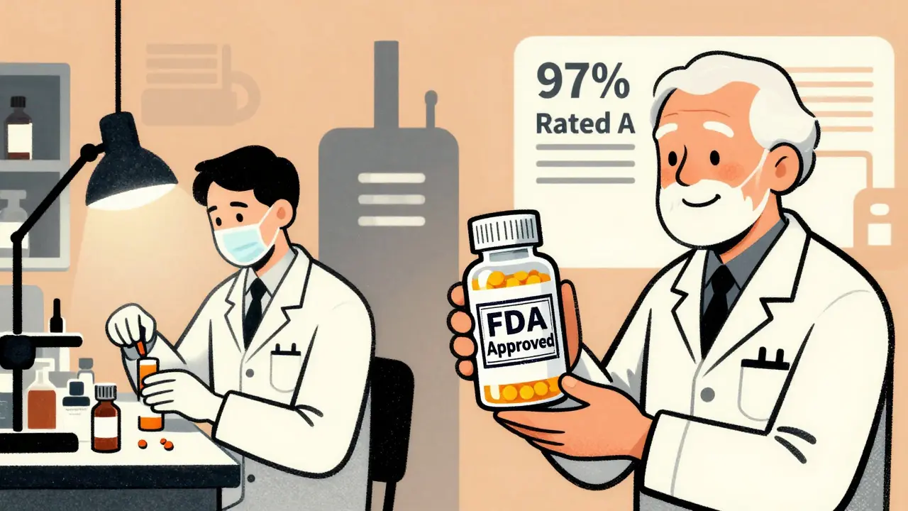 FDA inspector and pharmacist side by side, both handling approved generic and brand pills with identical inspection stamps.