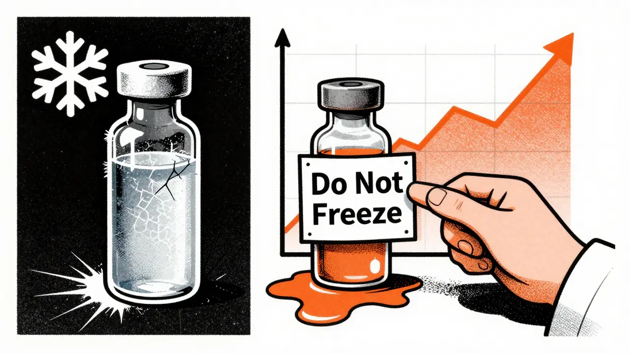 Frozen insulin vial cracking on left, melting into useless puddle on right, with warning label and rising blood sugar graph.