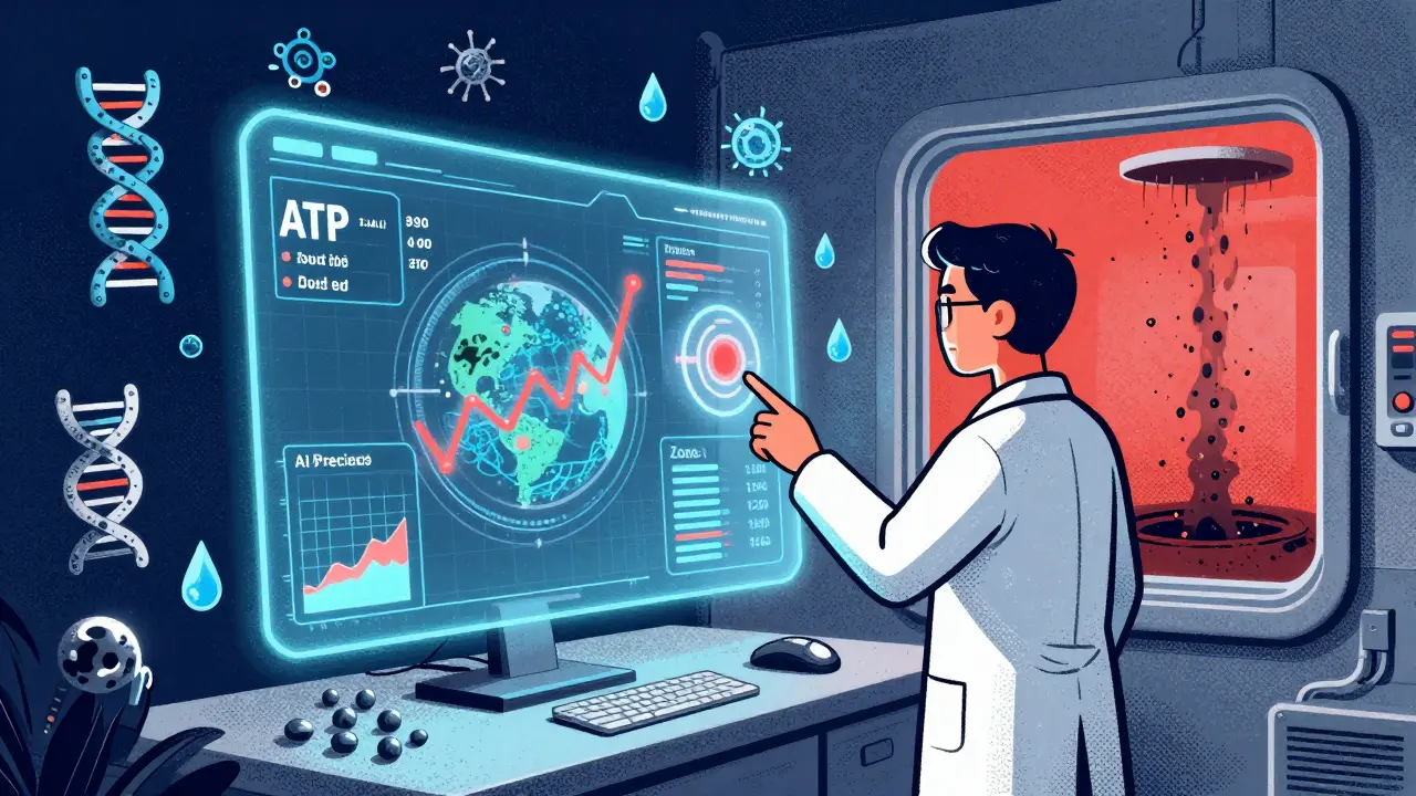 Holographic monitoring dashboard with AI trends and contamination icons in a stylized lab setting.