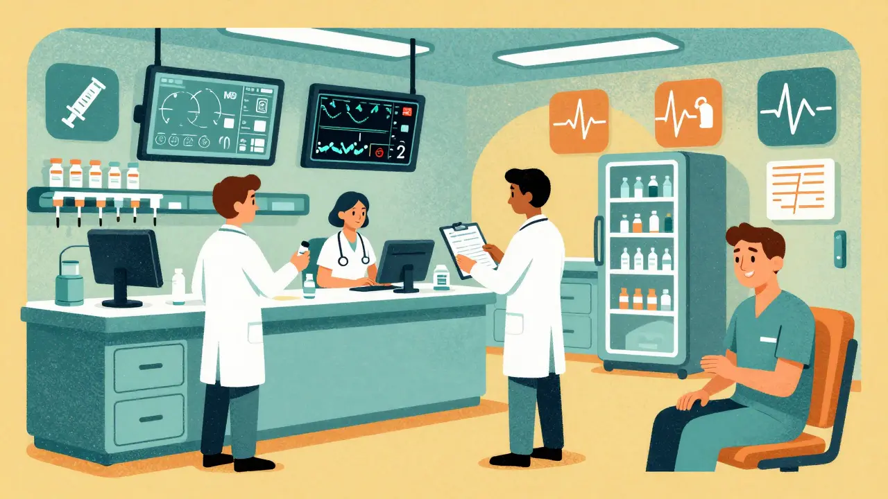 Hospital clinic staff dispense biosimilars in-house with digital vitals screens and care coordinator supporting a patient.