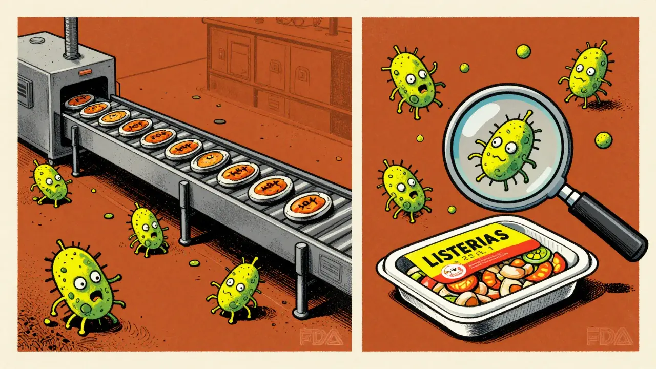 Listeria spores spreading from a dirty floor to food packaging in a split-panel illustration.