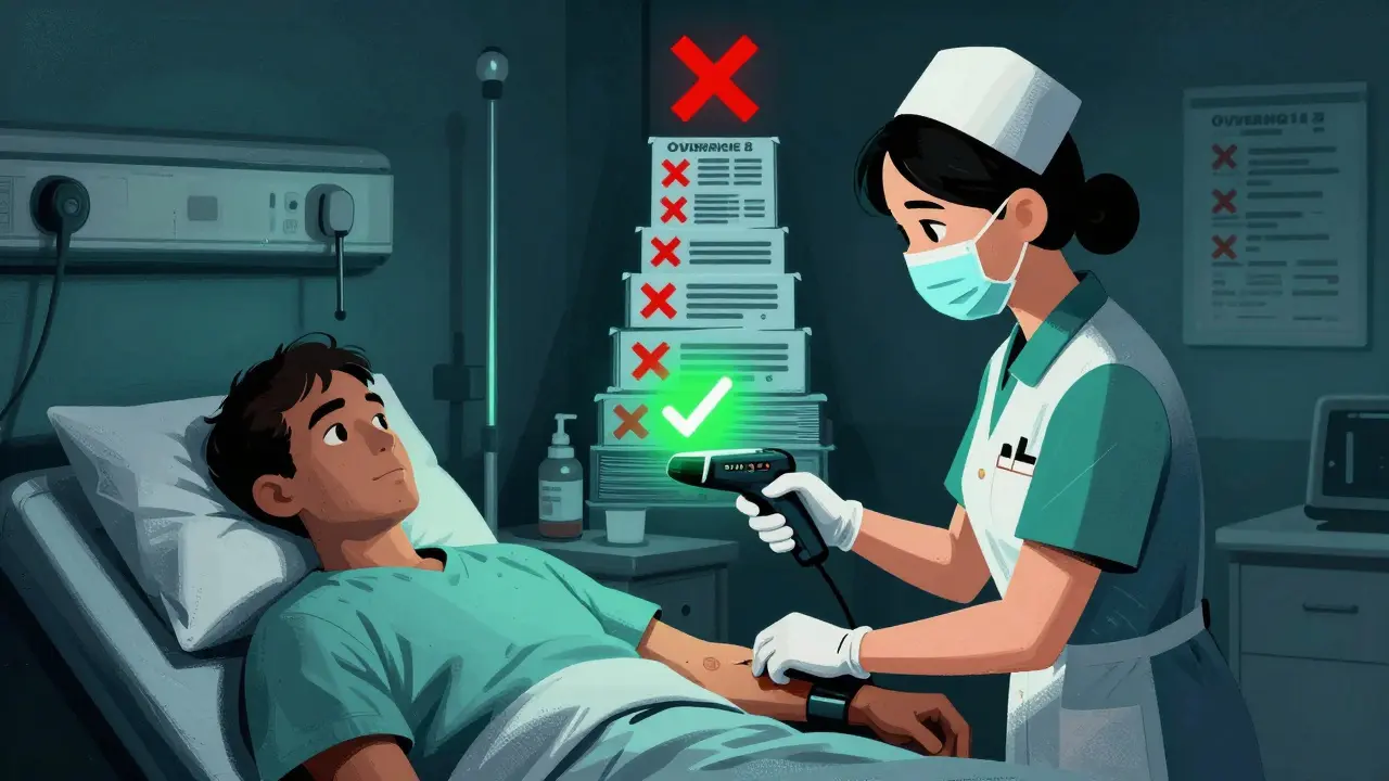 Nurse scanning medication barcode with override logs piling up behind her, highlighting technology’s double-edged impact.