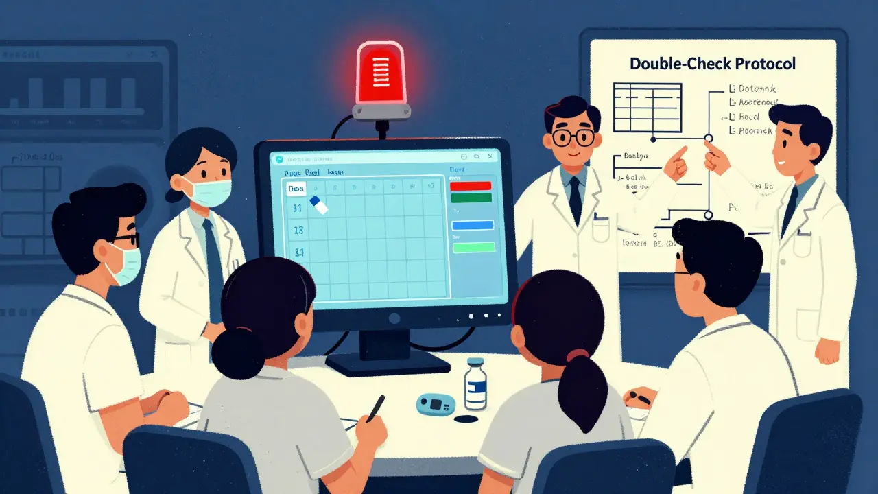 Pediatric team using weight-based calculator as pharmacist points to safety protocol, representing system redesign for safer dosing.