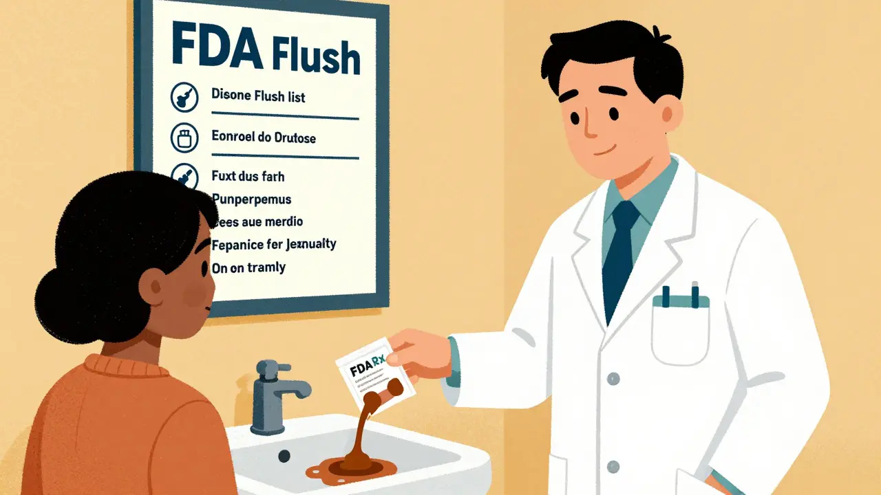 Pharmacist handing a patient a powder packet to safely dissolve medication.