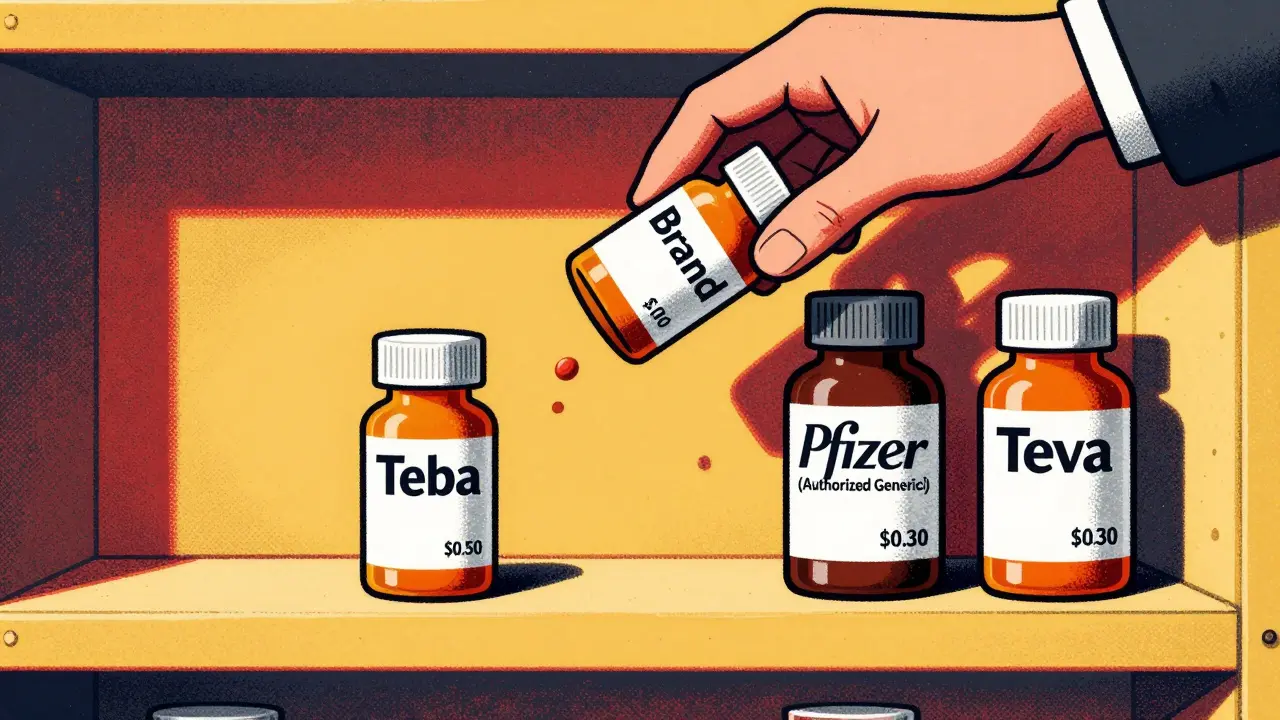 Pharmacy shelf with one generic bottle versus two identical ones, showing market split.