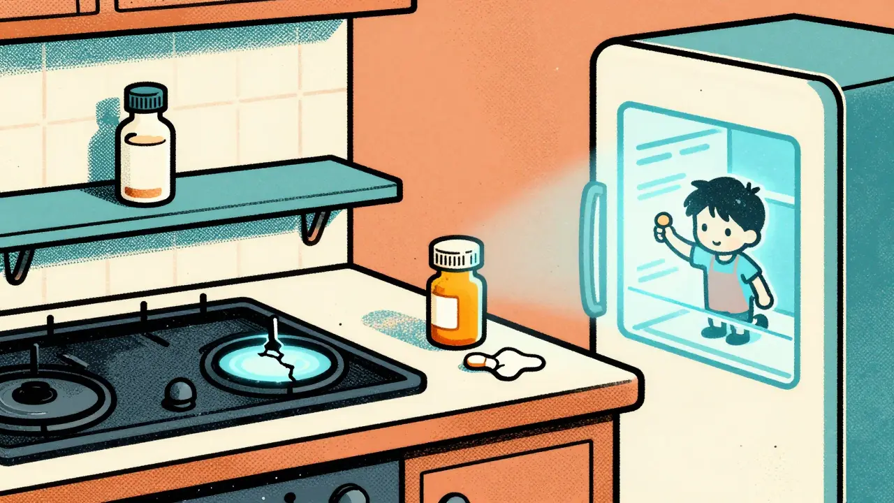 Pill bottle on a hot kitchen counter next to a glowing oven, while medicine safely stored in a cool fridge.